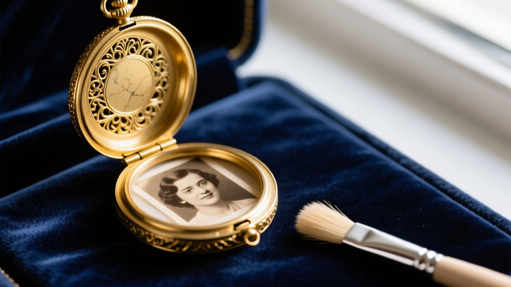 Close-up of an open vintage gold locket revealing a faded sepia photo, resting on dark velvet with a soft jewelry brush nearby