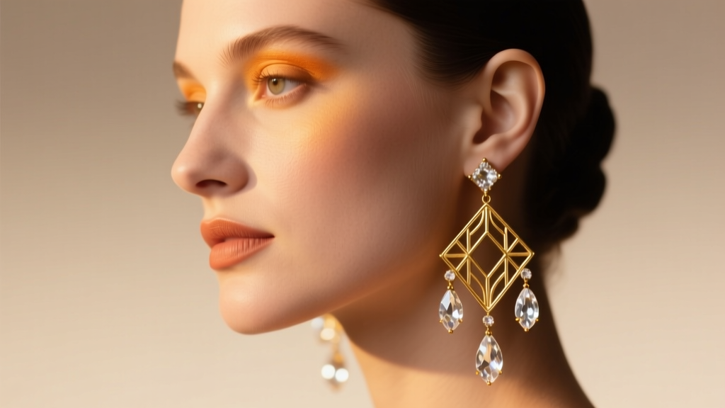 Close-up profile of a woman wearing art deco inspired Elizabeth Cole Zelda chandelier earrings, soft studio lighting, warm tones.