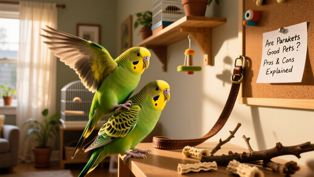 A pair of parakeets interacting playfully—one stepping onto the other’s back while both chirp softly