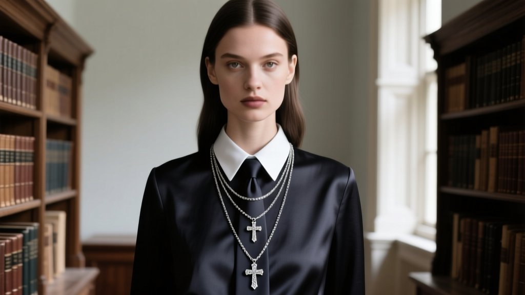 Model wearing three layered cross necklaces of varying lengths, dark academia style with a crisp white collar and dark silk tie