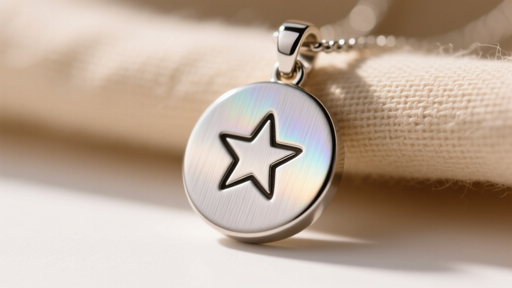 Macro shot of a brushed titanium childrens pendant with a laser-engraved star, showing the smooth hypoallergenic surface texture