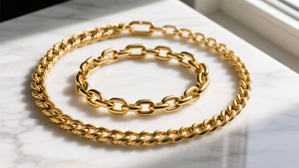 Overhead flat lay of four thick gold chain styles including rope, Cuban and nugget links arranged in a layered sequence on marble