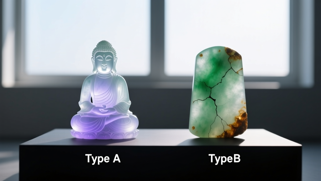 UV light comparison showing a natural Type A jade Buddha glowing faintly next to a polymer-impregnated Type B jadeite piece