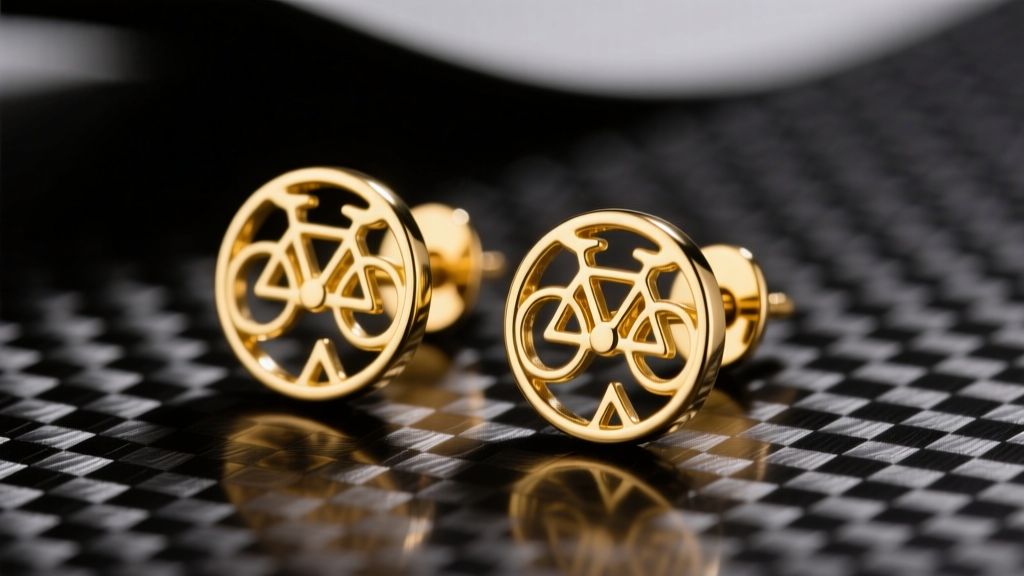 Macro shot of 14k yellow gold bicycle stud earrings on a carbon fiber surface, soft studio lighting highlighting laser-cut spokes.