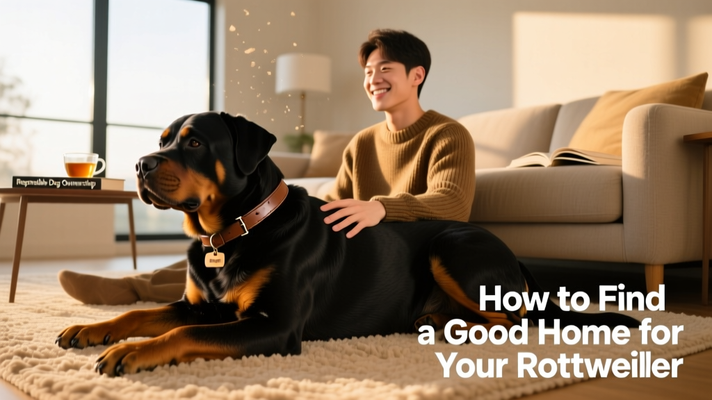 A Rottweiler resting comfortably beside a new owner on a living room rug, both relaxed and at ease