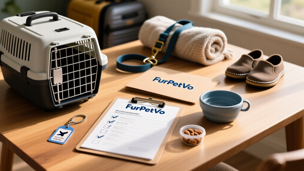 A checklist-style graphic showing essential items for flying with a pet: carrier, ID tags, health records, water bowl, and calming treats—all branded with FurPetVo logo