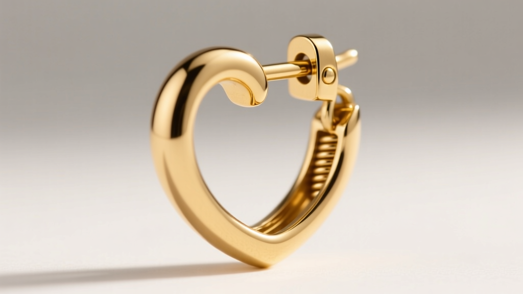 Macro shot of an 18-gauge gold heart hoop earring clasp, highlighting the secure latch-back closure and polished metal finish