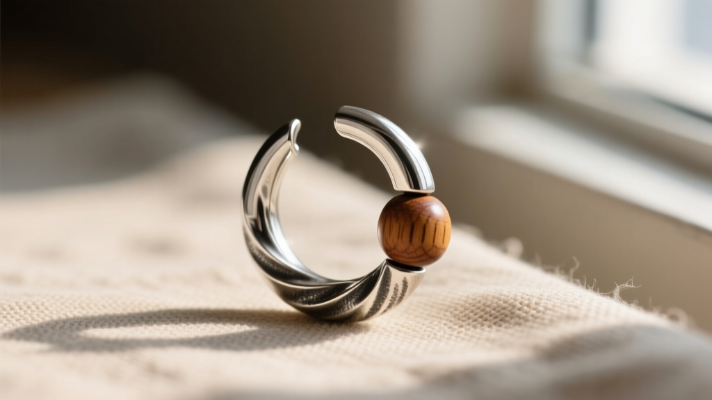 Macro shot of an 18-gauge oxidized sterling silver helix hoop with a small wooden bead accent resting on natural linen fabric.