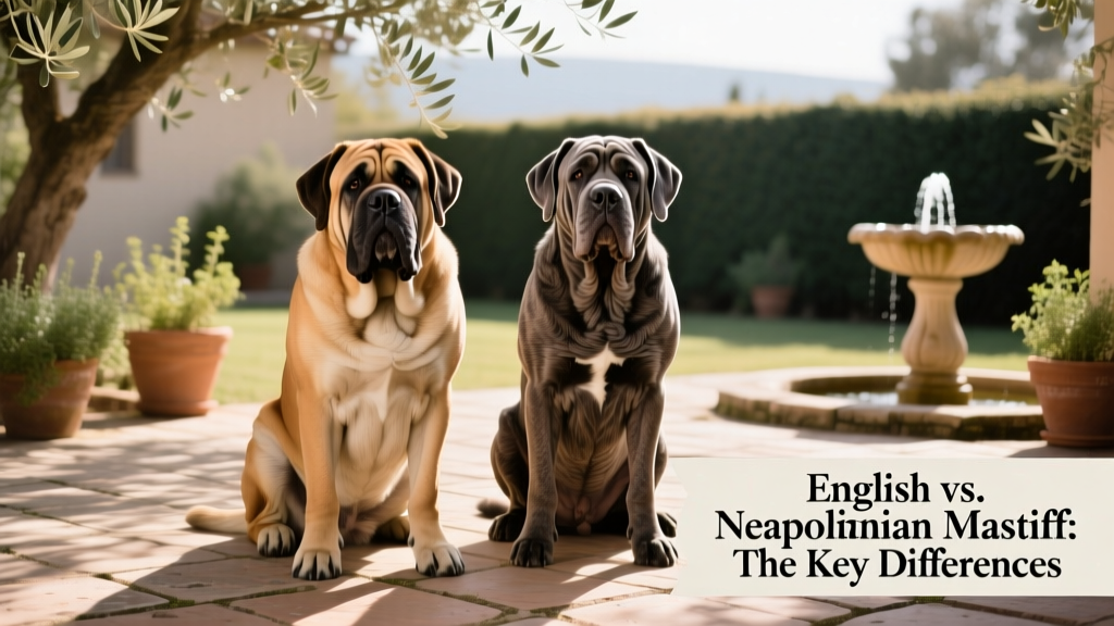 Two adult mastiffs—a relaxed English Mastiff and a watchful Neapolitan Mastiff—sitting side by side on a shaded patio