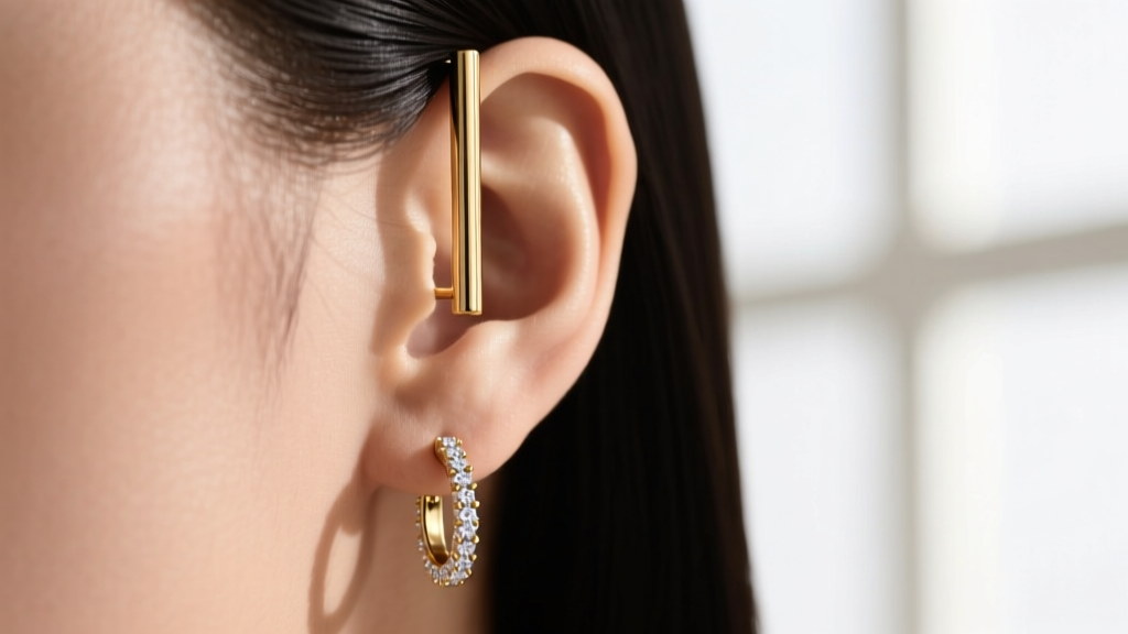 Side profile of a curated ear stack featuring a vertical gold bar earring on the upper lobe paired with a small diamond huggie hoop