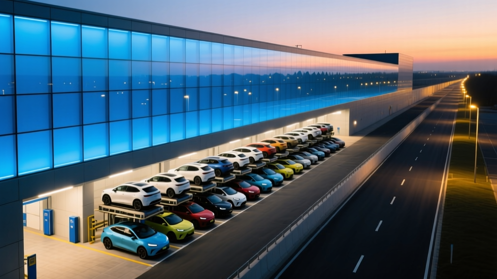 Aerial view of a modern express tunnel car wash with bright blue glass facade and stacked vehicles waiting in the stacking lane at dusk