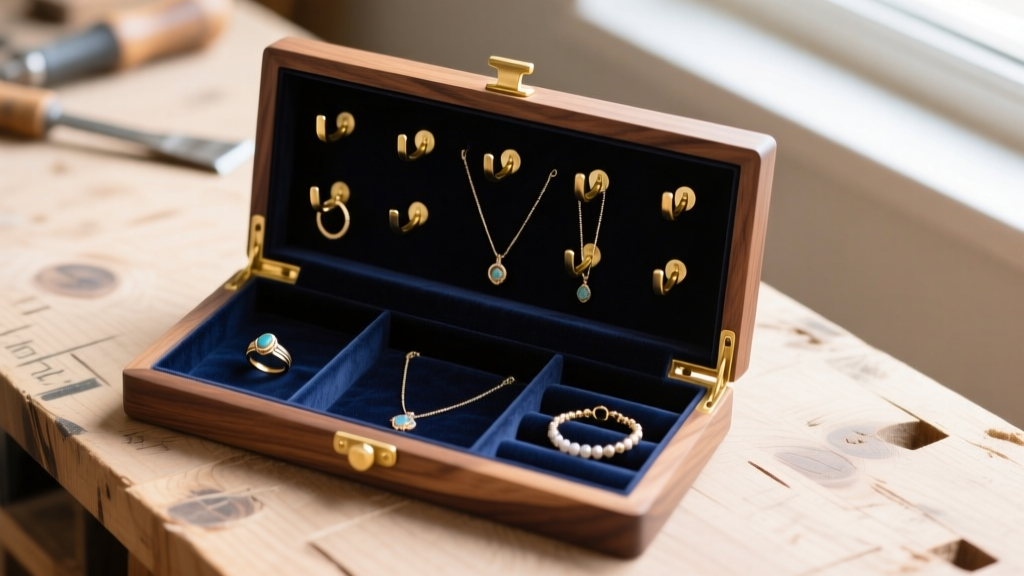 Top-down view of a custom walnut do it yourself jewelry holder featuring brass hooks and navy velvet lining on a woodworking bench