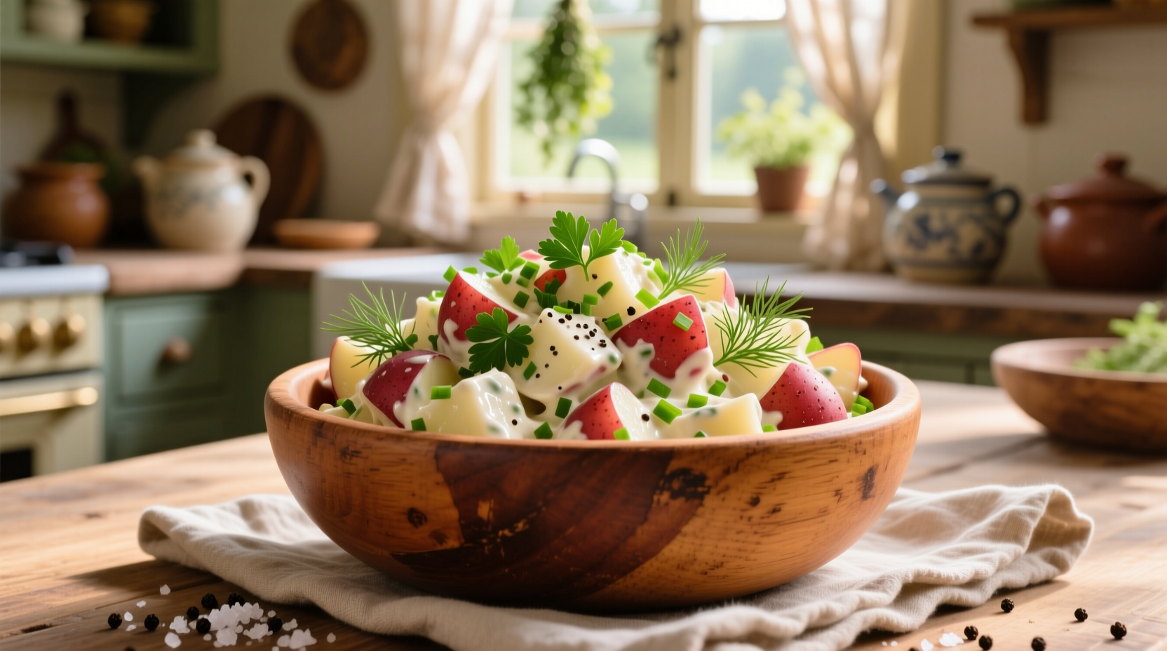 Creamy red potato salad in wooden bowl with fresh herbs