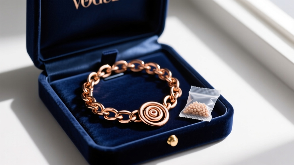 A 14k rose gold clove necklace carefully coiled inside an anti-tarnish velvet jewelry box with a silica gel packet nearby.