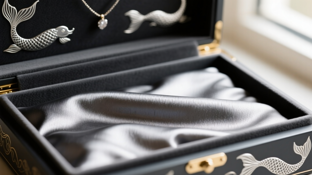 Close-up of mermaid jewelry box interior being lined with dark grey anti-tarnish Pacific Silvercloth fabric over soft foam padding