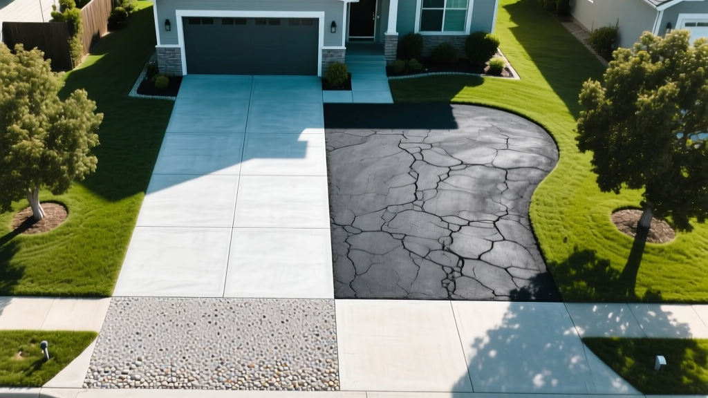 Aerial view of light gray concrete driveway beside dark asphalt driveway, showing texture contrast in a suburban home setting.