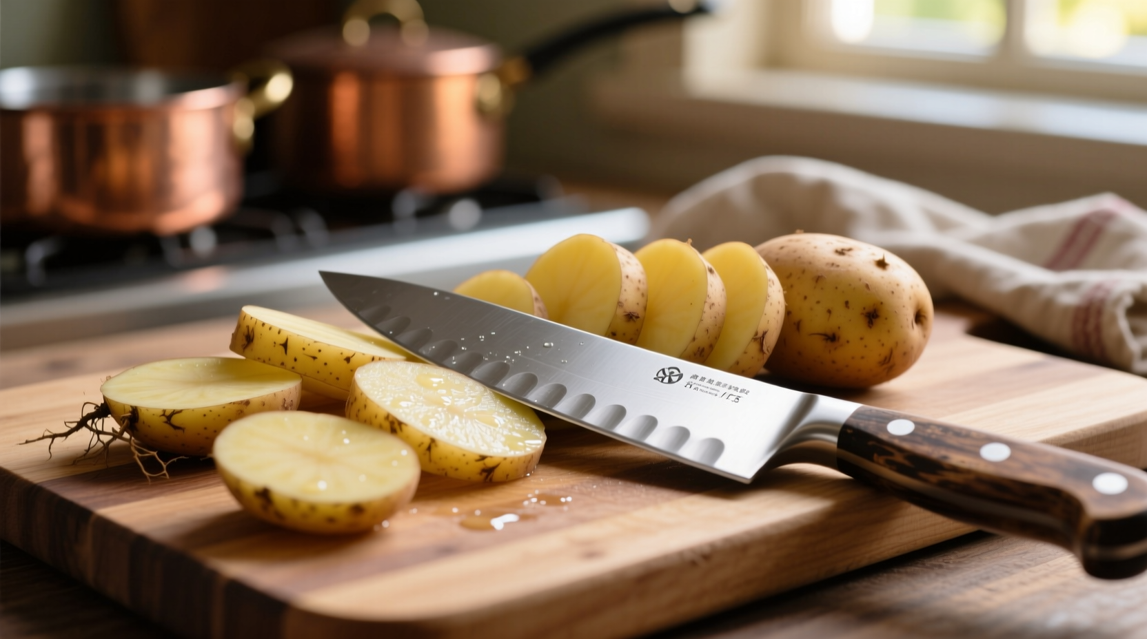 Raw potato slices on cutting board with knife