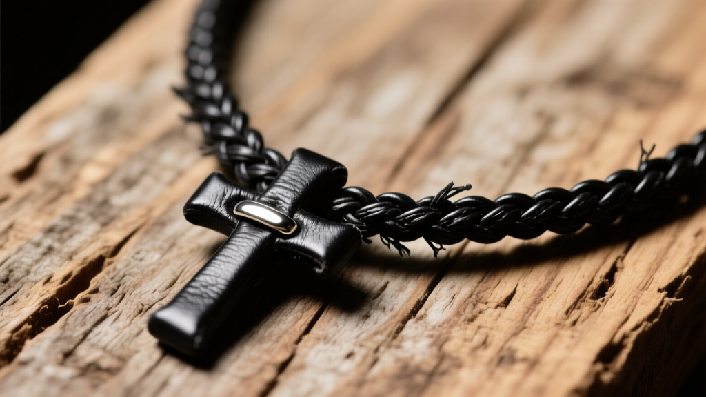 Close-up of weathered 3mm braided black leather cross necklace on rustic wood, highlighting frayed fibers near the silver clasp.