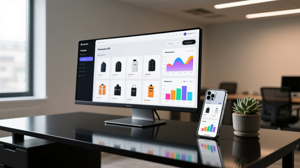 Sleek matte-black desk setup with a 49-inch ultrawide OLED monitor and a smartphone displaying a modern e-commerce dashboard