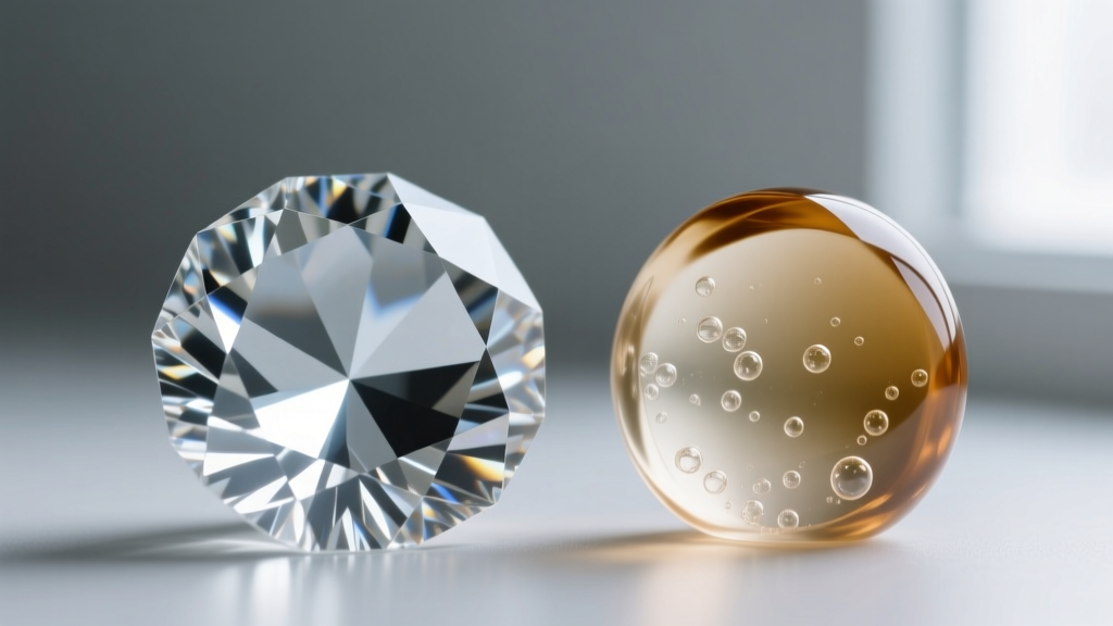 Macro photography comparing a sharp lead-free crystal facet with a molded glass imitation showing rounded edges and tiny bubbles.