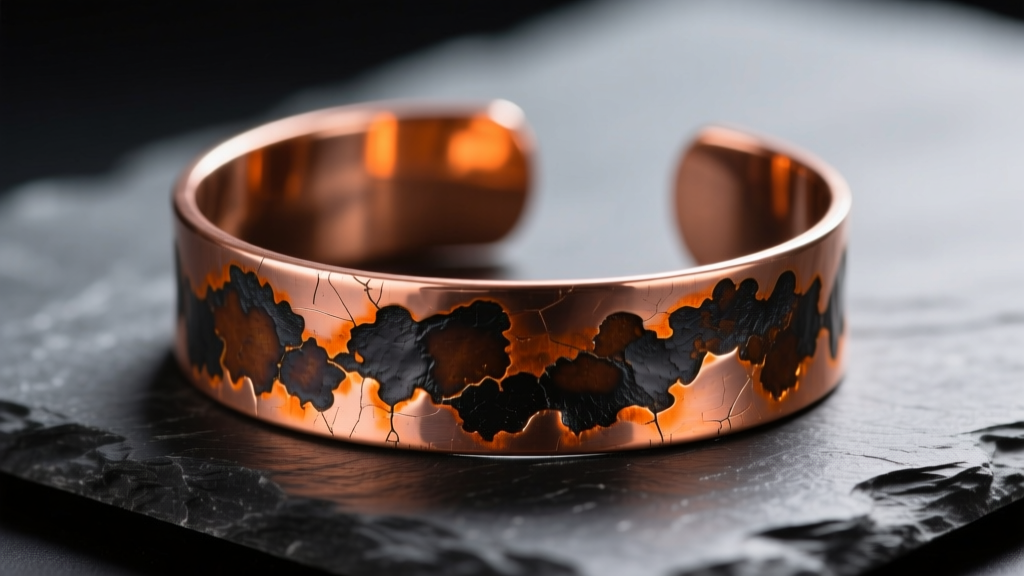 Macro shot of a raw C11000 copper cuff bracelet on dark slate, highlighting natural oxidation and vibrant orange metallic tones.