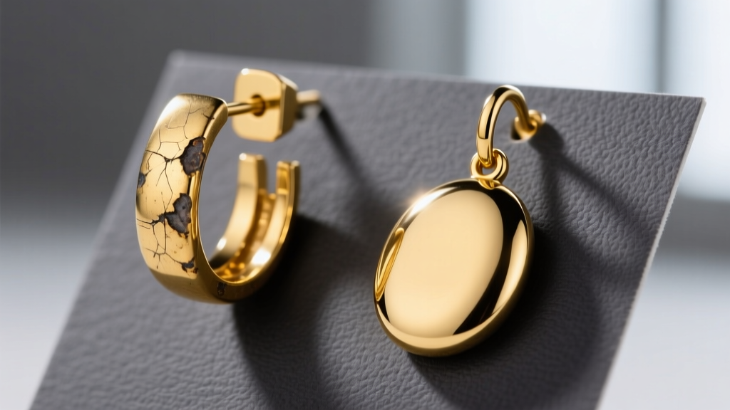 Comparison of a worn gold-plated post showing brass exposure next to a pristine 14k solid gold pendant earring on dark gray card