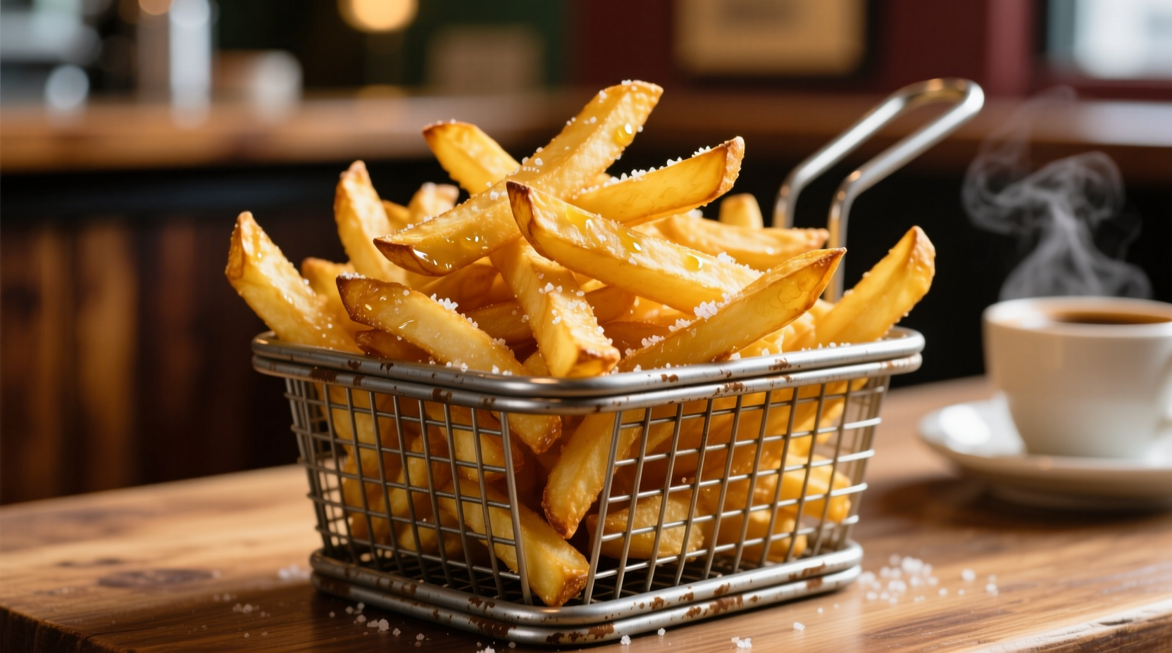 Perfect golden fried potato fries in a metal basket