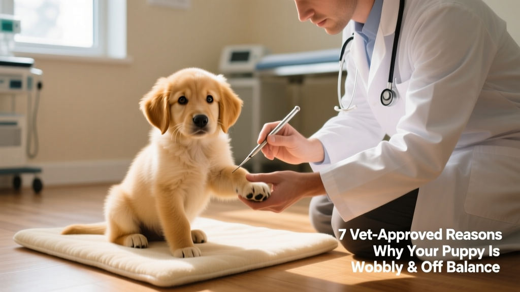 Puppy sitting calmly on a soft mat during a gentle vet neurologic exam, with vet checking reflexes