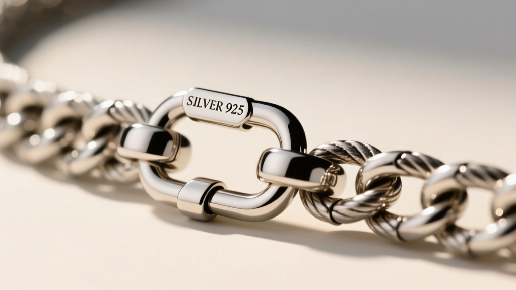 Close-up of a thick silver-tone cable chain and lobster clasp, highlighting the soldered links and small engraved hallmark tag.