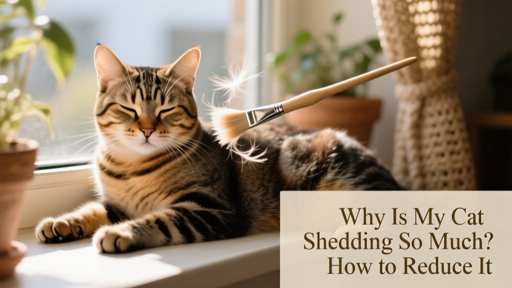 A relaxed cat being gently brushed on a sunlit windowsill, with loose fur visible on the brush