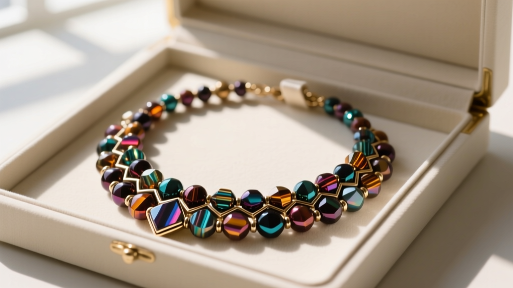 Heavy beaded statement necklace laid flat in a padded, anti-tarnish jewelry box compartment to prevent silk cord stretching.