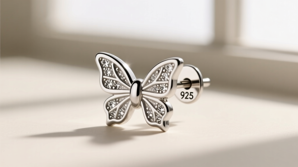 Macro shot of a silver bow earring post and butterfly backing, showing 20-gauge thickness and laser-engraved 925 hallmark stamp