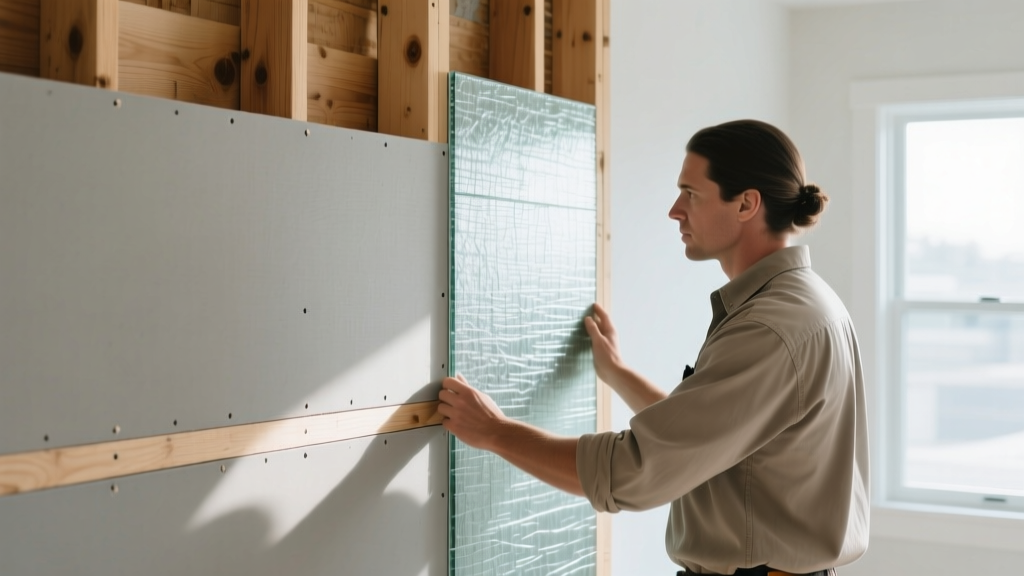 Contractor comparing the edge of standard paper-faced drywall with a fiberglass-faced glass mat gypsum board in a wood-framed room