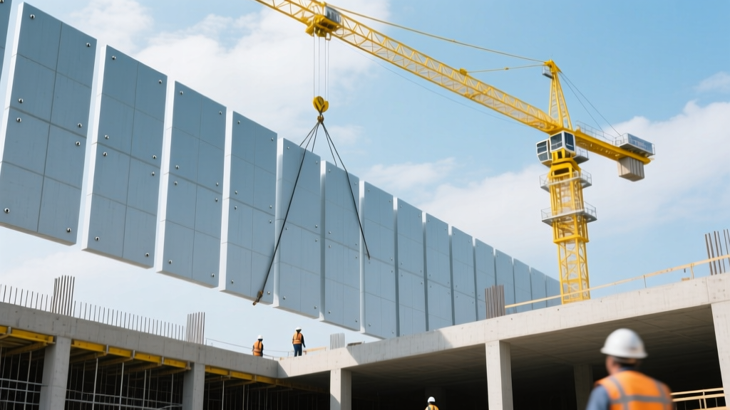 Massive insulated precast concrete wall panels being lifted by a yellow tower crane and secured onto a reinforced concrete foundation