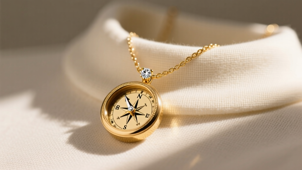 Delicate 18k gold compass protection necklace worn over linen, sunlight catching a tiny diamond marker at the north point.