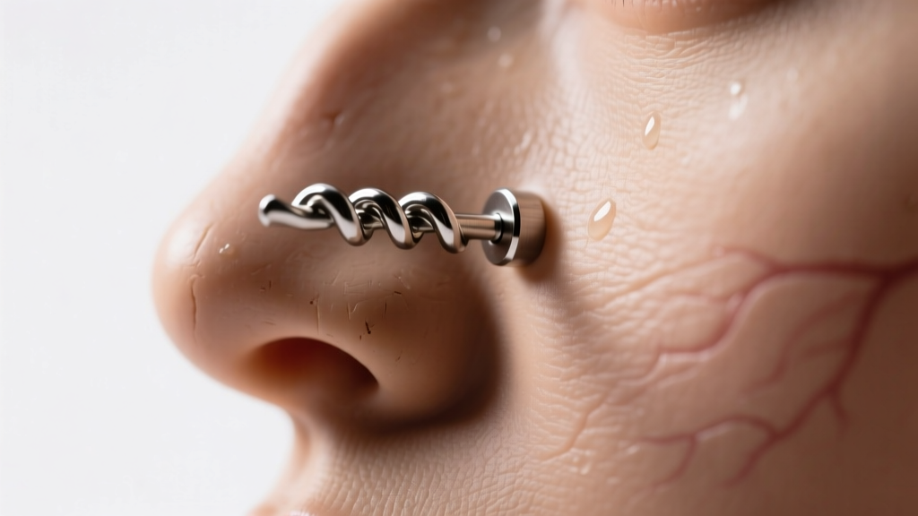 Side-profile photo showing the internal curve of an 18-gauge titanium corkscrew nose stud resting against a silicone skin model.