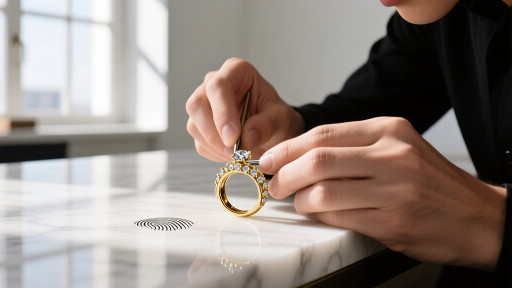 Jeweler's hands gently wiping a teardrop chrysocolla earring with a dry microfiber cloth under warm, focused studio lighting