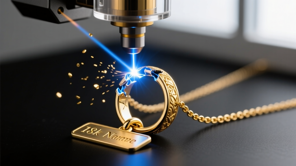 Macro view of a laser welder fixing a broken 18k gold jump ring on a nameplate necklace, using protective optical glass shields.