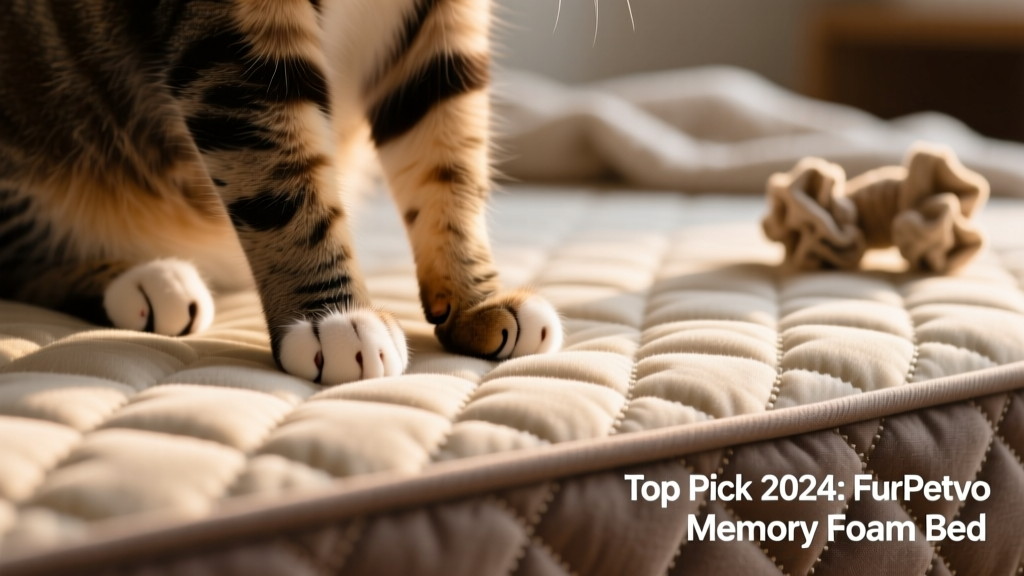 Close-up of a cat’s paws resting on the textured surface of a FurPetVo memory foam bed, highlighting the plush quilting and foam layering