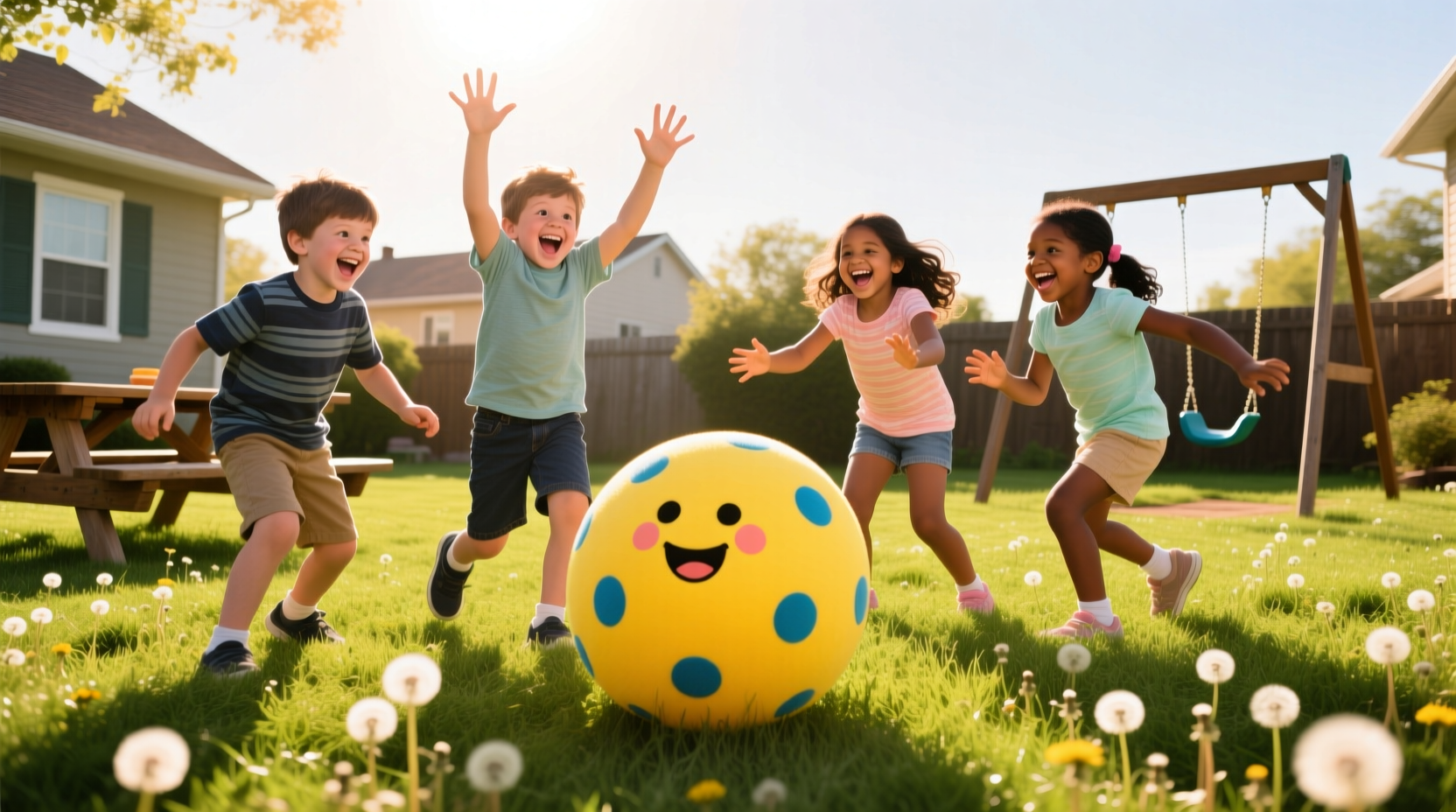 Children playing hot potato game with soft ball