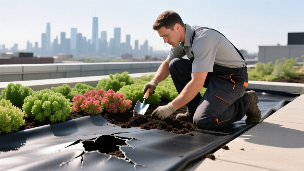 Landscaper carefully removing sedum plants and soil from a commercial roof garden to expose and repair a punctured black EPDM membrane beneath