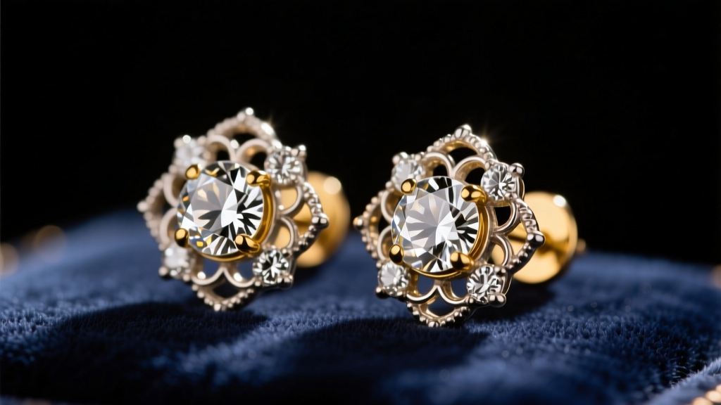 Macro shot of Victorian silver-topped gold stud earrings with Old Mine cut diamonds on dark navy velvet under soft, warm lighting.