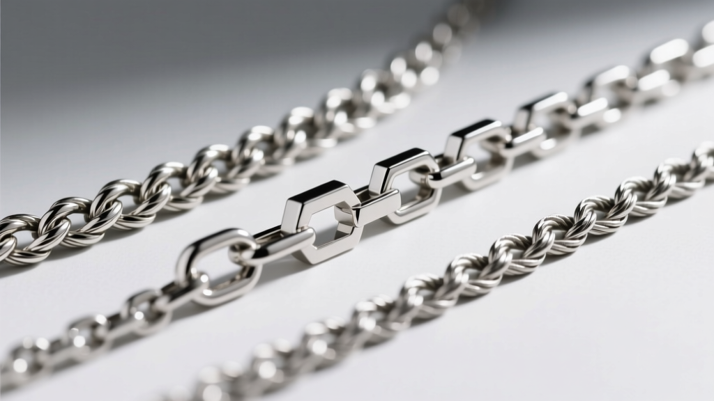 Macro photography of three distinct chain links: a woven wheat chain, a geometric box chain, and a classic cable chain in silver.