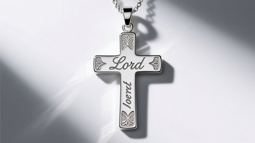 A polished sterling silver cross pendant featuring micro-engraved Lord's Prayer text, resting on a dark slate surface.