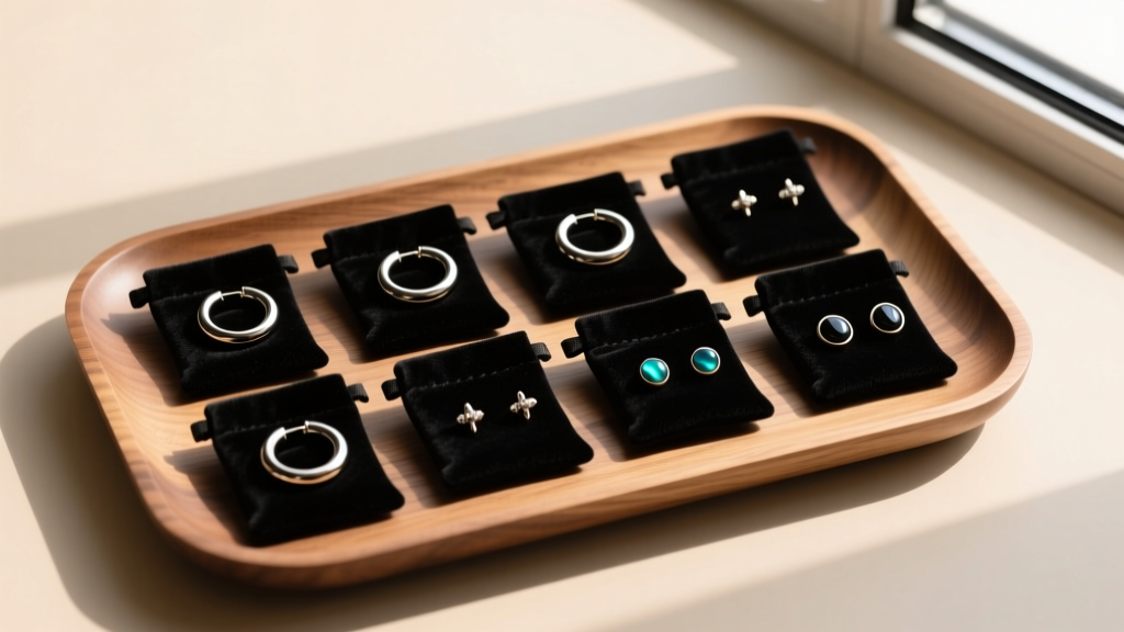 Overhead view of a wood tray holding black PVD huggies and onyx studs organized inside individual soft flannel storage pouches.