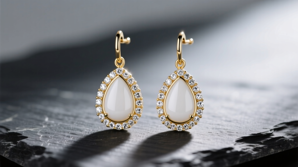 Close-up of elegant 18-karat white gold dangle earrings featuring teardrop white enamel and pavé diamonds, resting on dark slate
