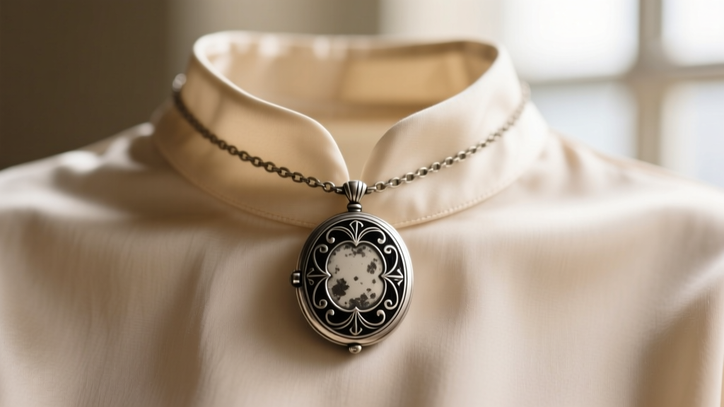 Close-up of a vintage theme of the necklace featuring an oxidized silver locket with black enamel details resting elegantly on a collar