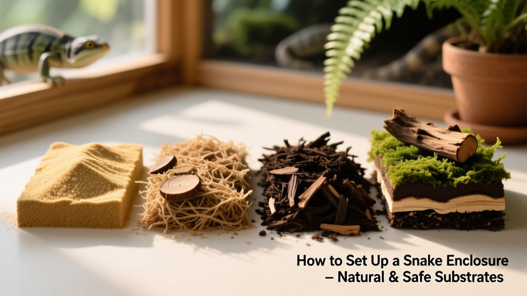Close-up of different substrate types: sand, coconut fiber, cypress mulch, and layered bioactive setup