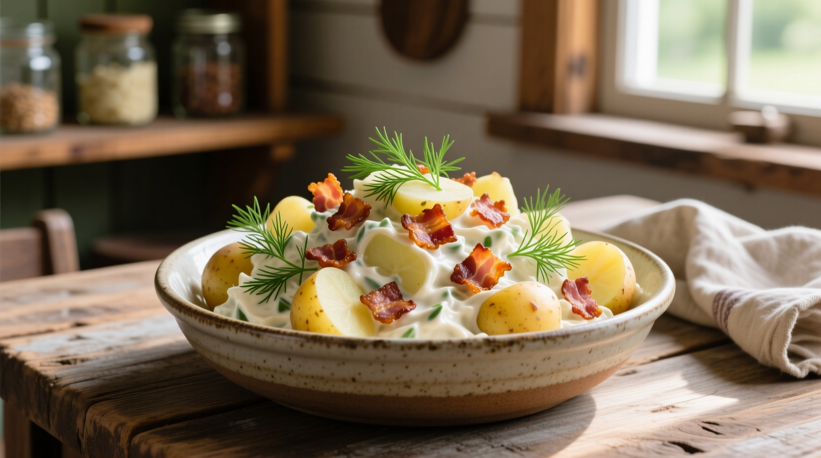 Creamy bacon potato salad in serving bowl with fresh dill garnish