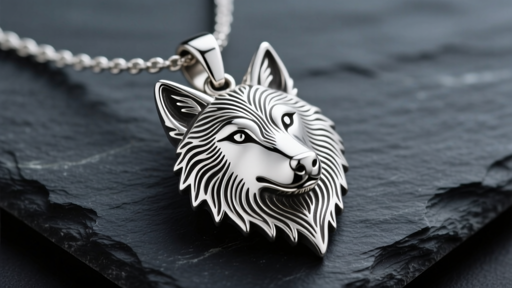 Close-up of an artisan 925 sterling silver wolf totem necklace pendant on dark slate, featuring intricate fur engraving details.